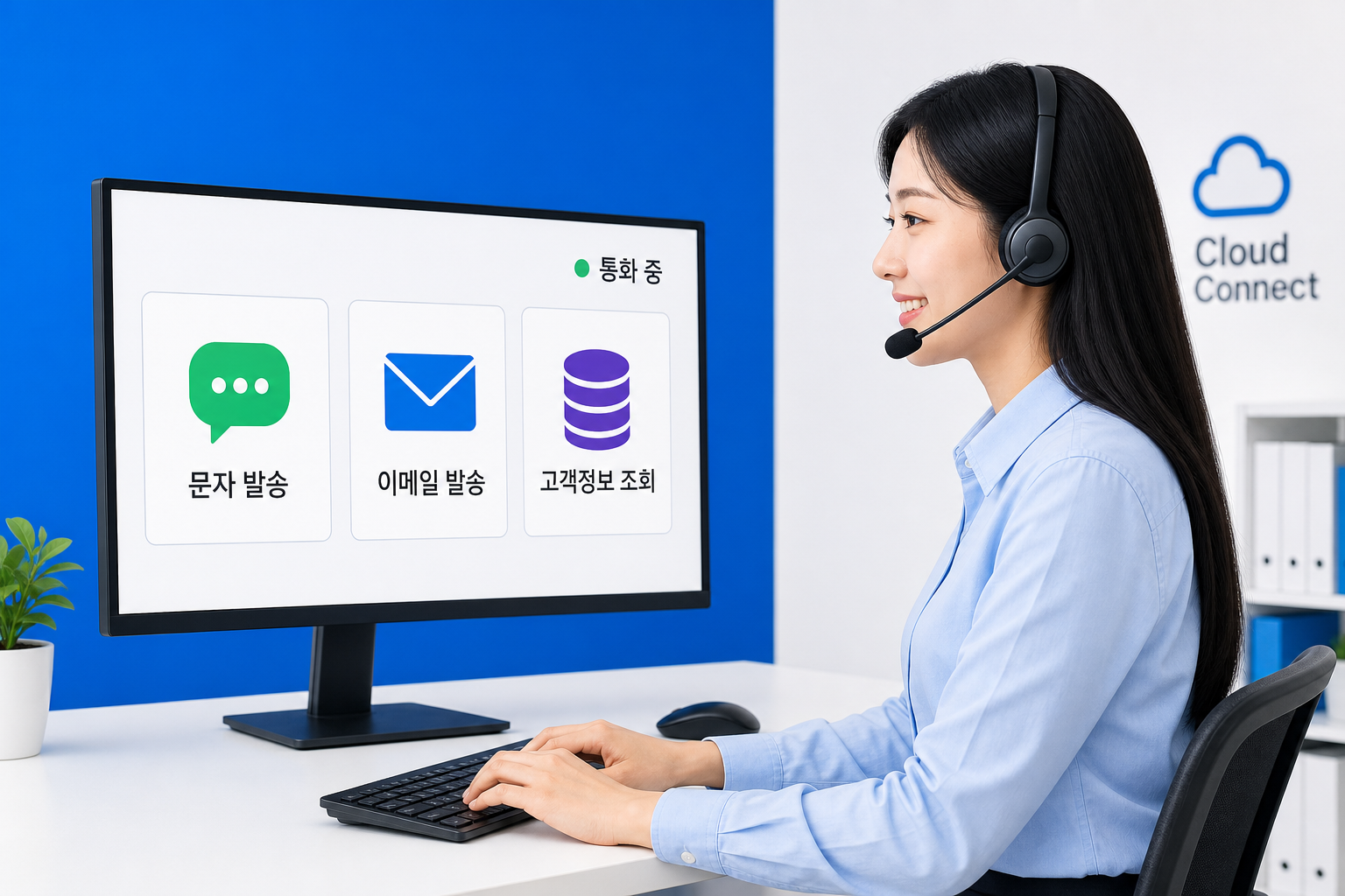 통화 중 문자 발송, 이메일 발송, 고객정보 조회를 하는 상담원과 업무 화면
